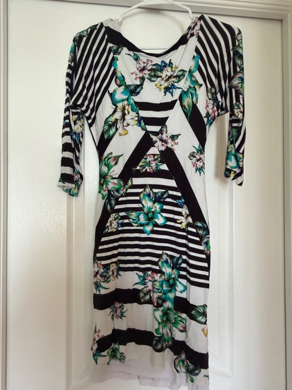 bebe Black & White Striped Midi Dress with Teal Floral Accents
